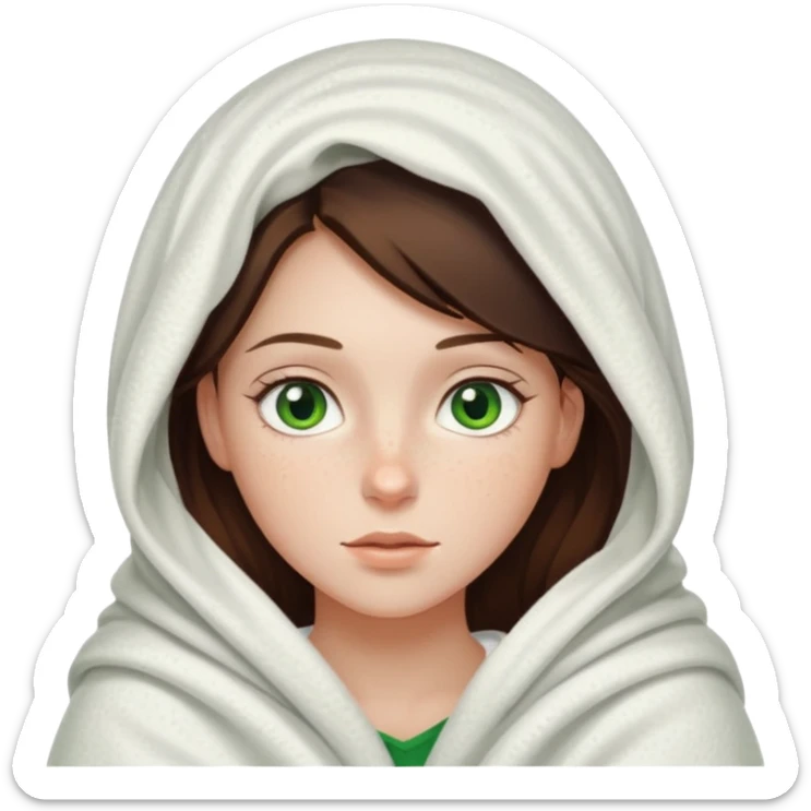 a white brunette girl with green eyes and freckles covered up in a blanket sticker