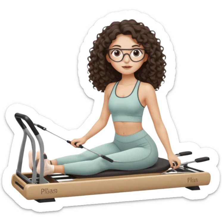 Memoji-style girl with long dark brown curly hair, round glasses, large brown eyes, soft rounded face,makeup, warm beige skin tone, wearing Pilates activewear performing Pilates and reformer Pilates exercises on a reformer machine, pastel color palette, smooth soft shading sticker