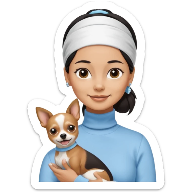 tan skin woman, with short black hair in a slicked back ponytail with forehead showing, with white headband, wearing solid pastel blue turtleneck shirt, smiling carrying dark brown-white long-haired chihuahua dog with brown nose sticker