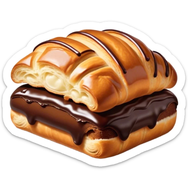 Cinematic warm pain au chocolat, flaky golden-brown pastry with a rich chocolate filling peeking through, perfectly crisp exterior, soft glowing highlights, inviting and indulgent. sticker