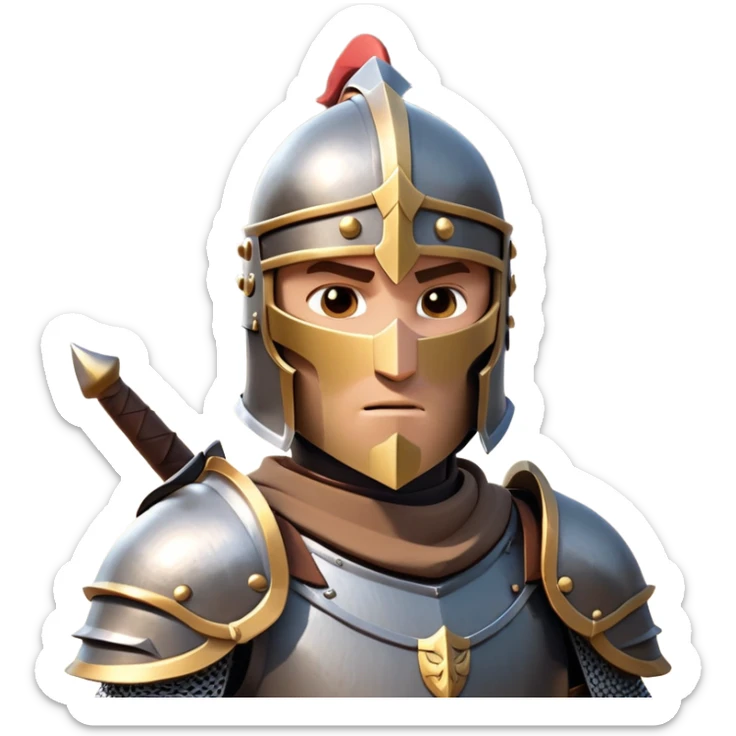 clash-of-clans-aesthetic_-cinematic-fearsome-and-majestic-knight-bust-portrait-emoji, rendered in a flat, vector-style with minimal shading and bold, simplified shapes, depicting a battle-ready medieval knight with steely eyes and intricate armor, riding on a black warhorse looking regal reflecting sunlight over a misty battlefield. sticker
