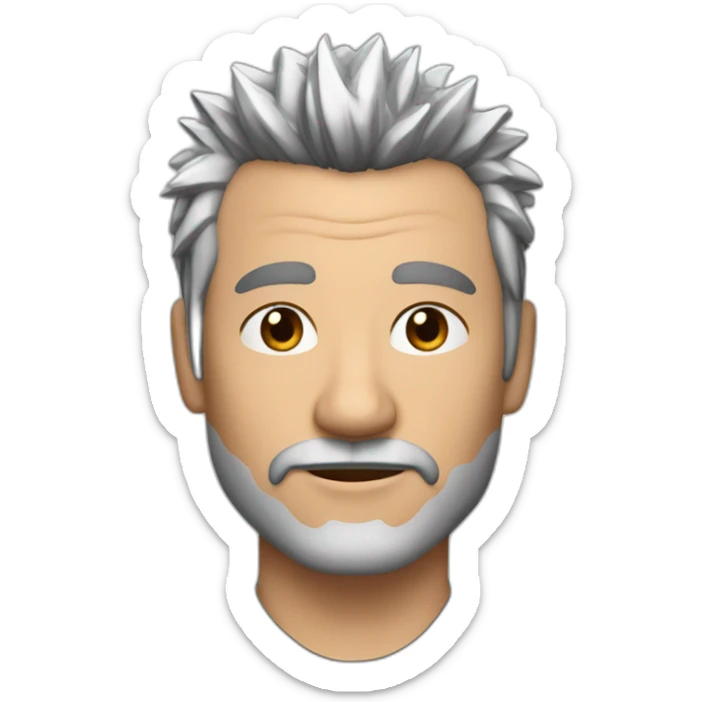 A 52 year-old man with black and silver spiky hair on top hair and silver very short beard sticker