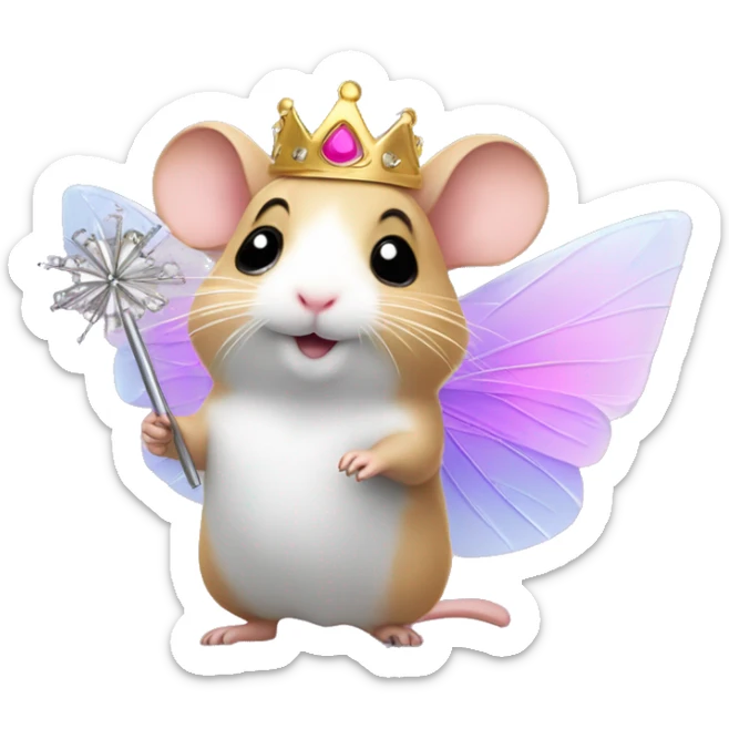 A hamster wearing fairy wings and a tutu holding a magic wand with a princess tiara  sticker