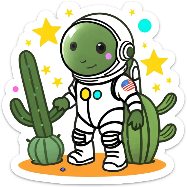 A spacesuit-wearing cactus blooming neon stars instead of flowers, with mini planets on its prickles sticker