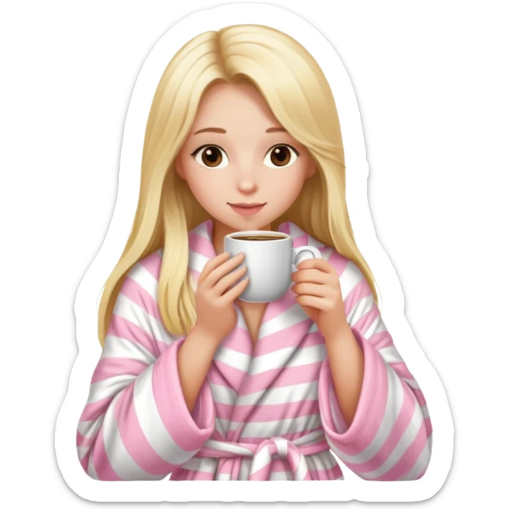 girl with long blonde hair sipping a coffee with light pink striped fluffy robe sticker