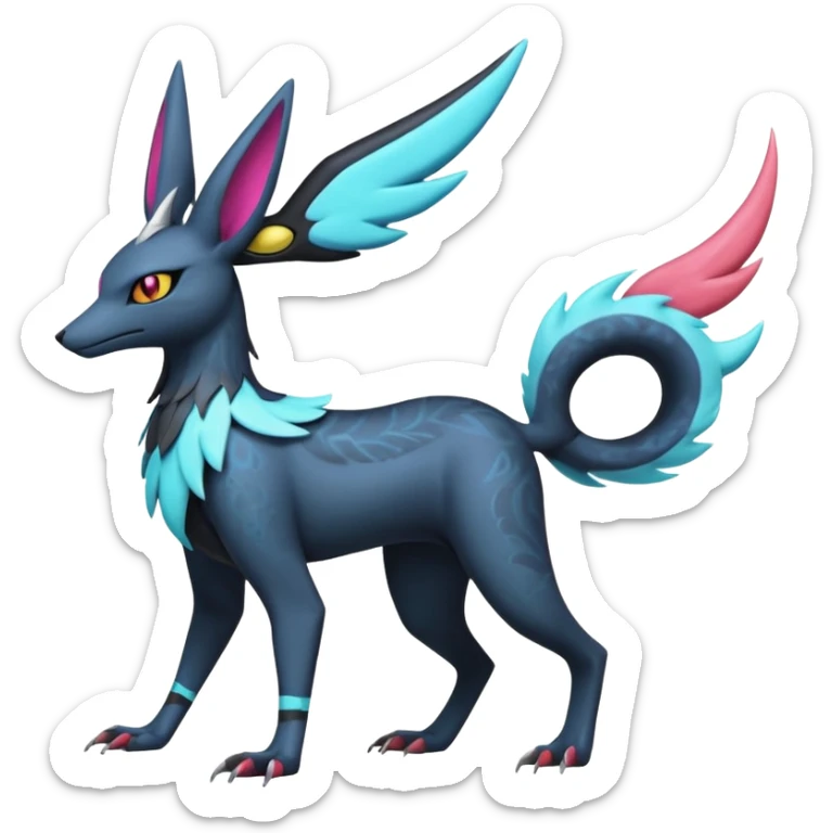 Colorful scaly flurry bioluminescent dark gloomy ghoulish spooky dull dusky translucent neon edgy cool dark edgy Latias-Sergal-Vernid-Anubis-Umbreon-Sylveon-Bastet-Fakémon-hybrid-fusion-creature, full body sticker