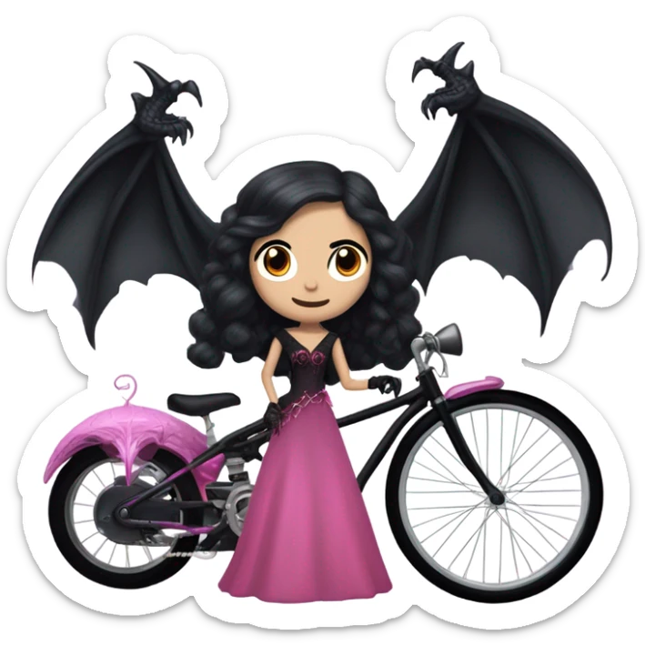  black evening gown with see-through gloves, Jenna Ortega as Addams woman prom queen wearing a mini tiara, very large blood  pink evil-looking horned old dragon bike sticker