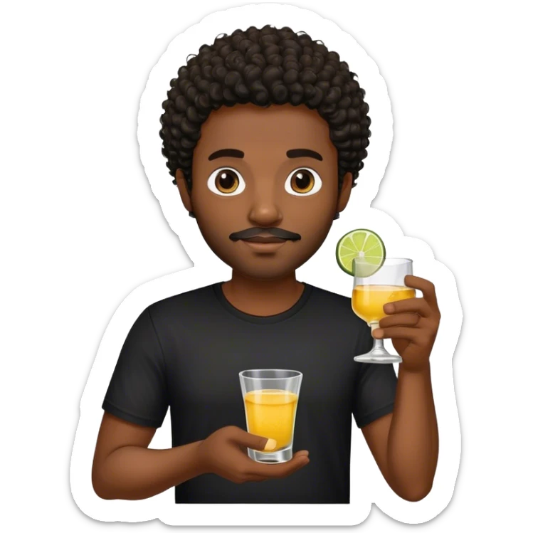 dark black guy, short curly hair, facial hair, holding tequila, black shirt  sticker