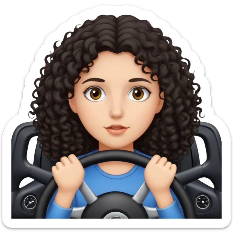 a girl with dark curly hair, her face is covered from below by the steering wheel sticker