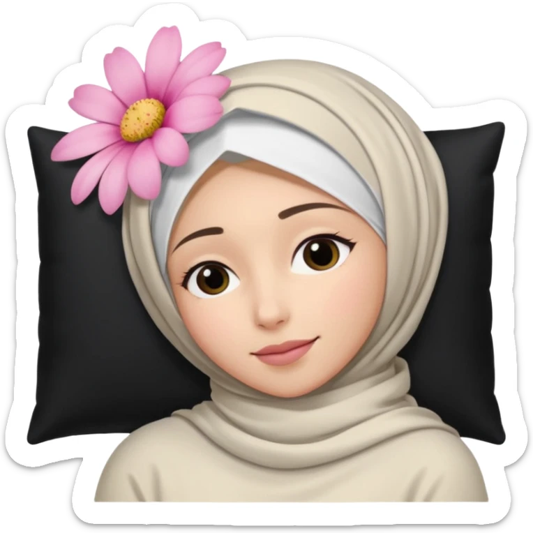 The image is a close-up selfie of a young woman wearing a white hijab. She is lying on her back with her head resting on a black pillow. She has a pink flower in her hair and is looking directly at the camera with a slight smile on her face sticker