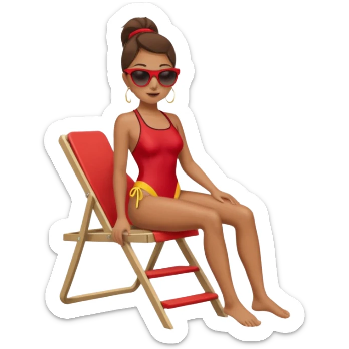 Female lifeguard – red swimsuit, sunglasses, sitting on tall lifeguard chair. sticker