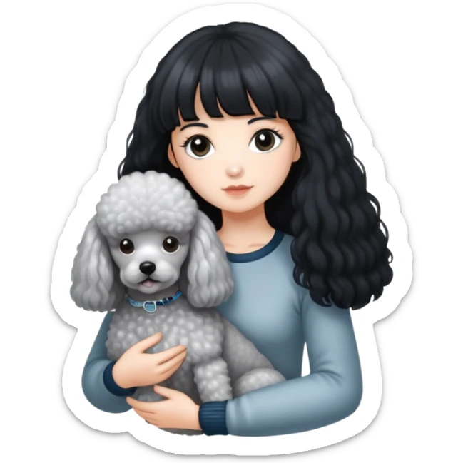 A girl with long black hair and airy bangs, fair skin, holding a silver-gray poodle with white fur on its chest. The poodle has a round head with its ears hidden within its fur. sticker