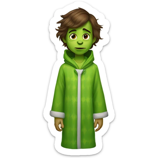 A little boy with brown hair, hazel eyes, skinny, wearing plaid pajama pants, a green hooded robe and grinch house shoes  sticker