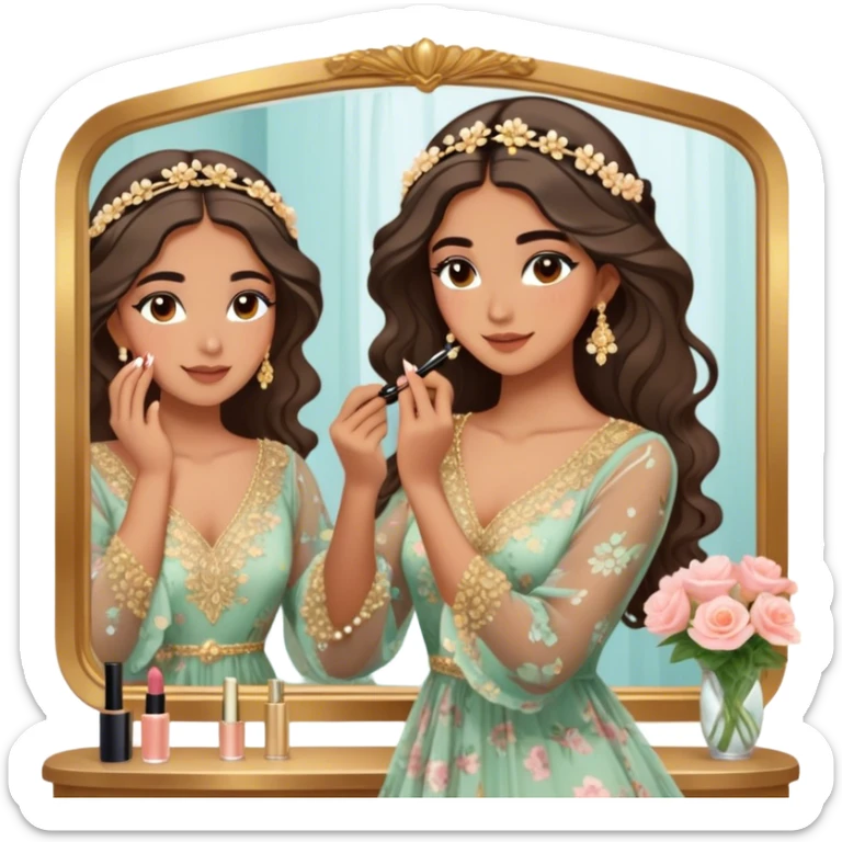  Middle Eastern-inspired moment of a woman getting ready in front of a mirror. She wears a delicate floral dress with sheer, flowy sleeves, accessorized with gold jewelry and traditional pearl-adorned hair clips. Her  as she applies mascara and eyeliner , her reflection revealing a soft smile.  sticker