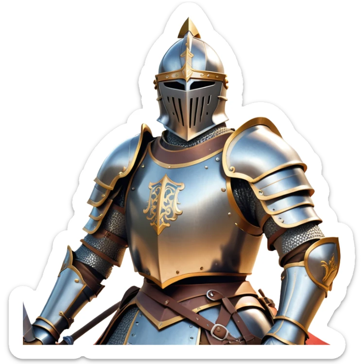 clash-of-clans-aesthetic_-cinematic-fearsome-and-majestic-knight-bust-portrait-emoji, rendered in a flat, vector-style with minimal shading and bold, simplified shapes, depicting a battle-ready medieval knight with steely eyes and intricate armor, mounted on a heavily armored warhorse with gleaming plated barding reflecting sunlight over a misty battlefield. sticker