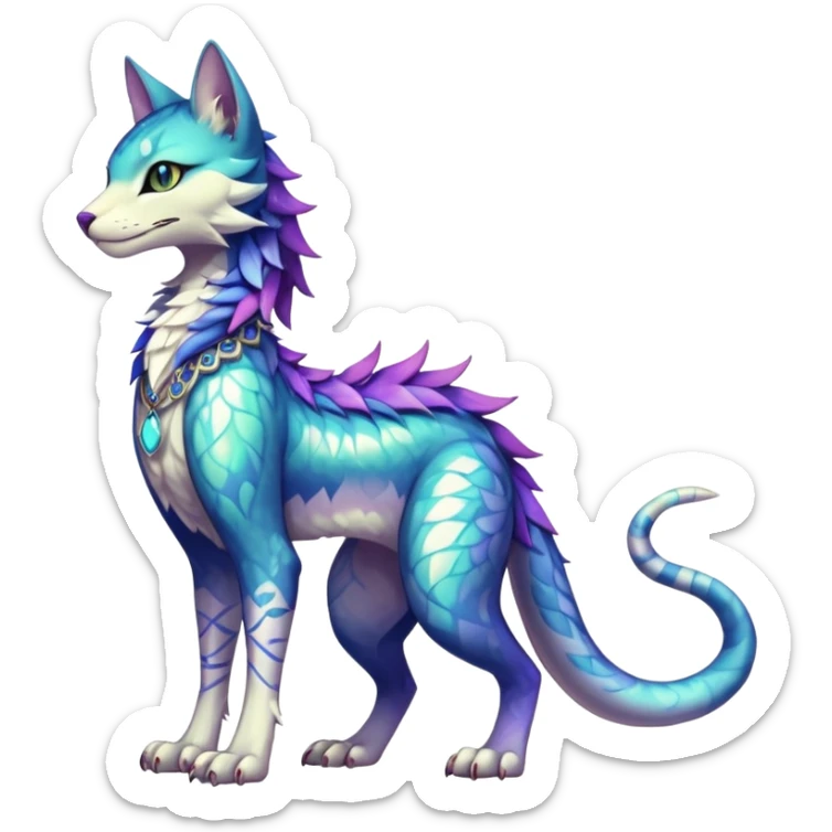Kawaii iridescent beautiful pretty elegant divine edgy fantasy feline-vernid-sergal-Fakémon-fursona-animal-creature with accessories, full body, with intricate detailed markings sticker