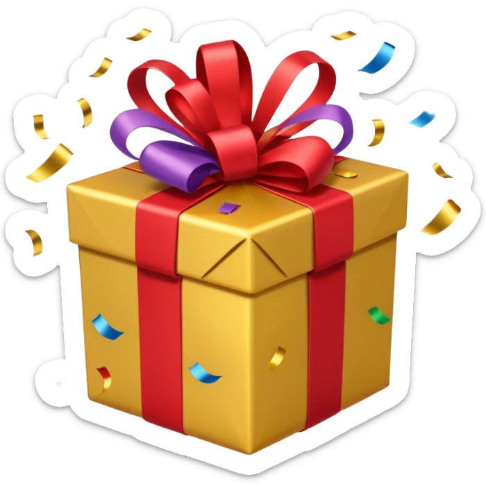 present with gold wrapping and red ribbon with top off and confetti coming out sticker