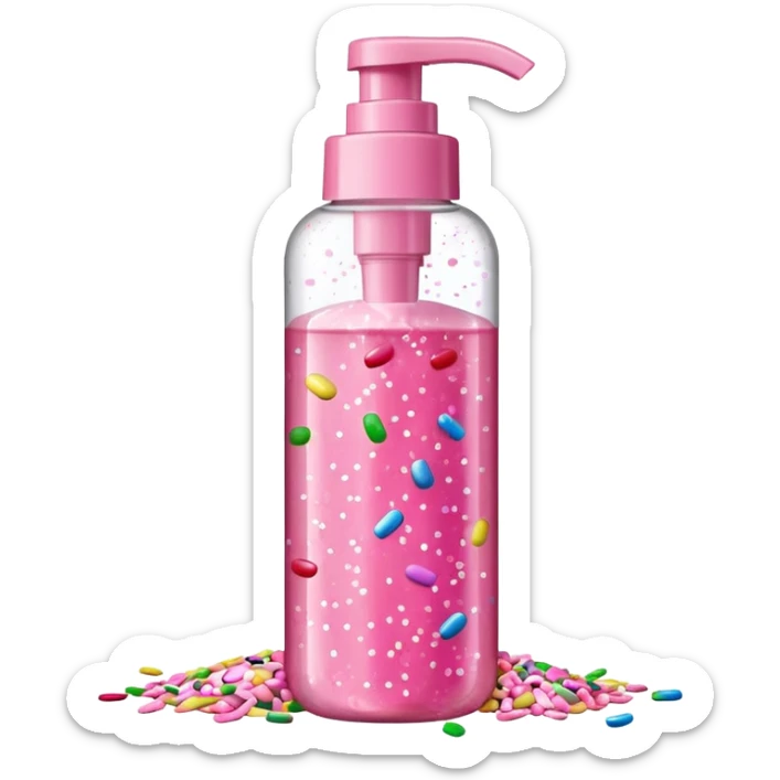 Pink shower gel light pink bottle with sprinkles and confeti on the bottle with a flip cap sticker