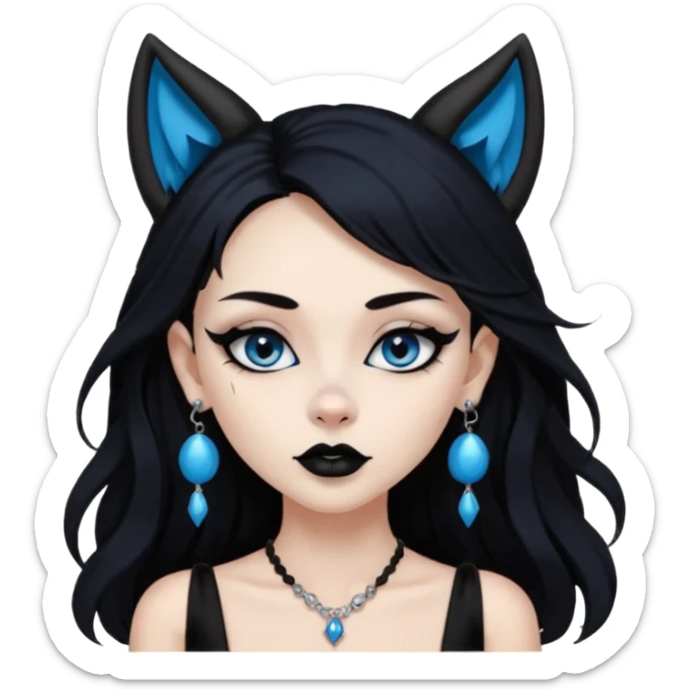 A girl with long black hair and blue eyes, black eyeshadow, black eye liner, mascara, and black lipstick, and black skull earrings. Also a black sexy dress and wolf ears  sticker
