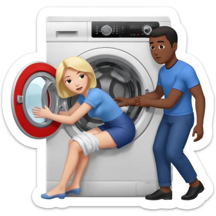 Eine Frau steckt bis zum Bauch in einer Waschmaschine fest und nur die Beine gucken raus und zwei schwarze männer ziehen an ihren Beinen um sie raus zu holen  sticker