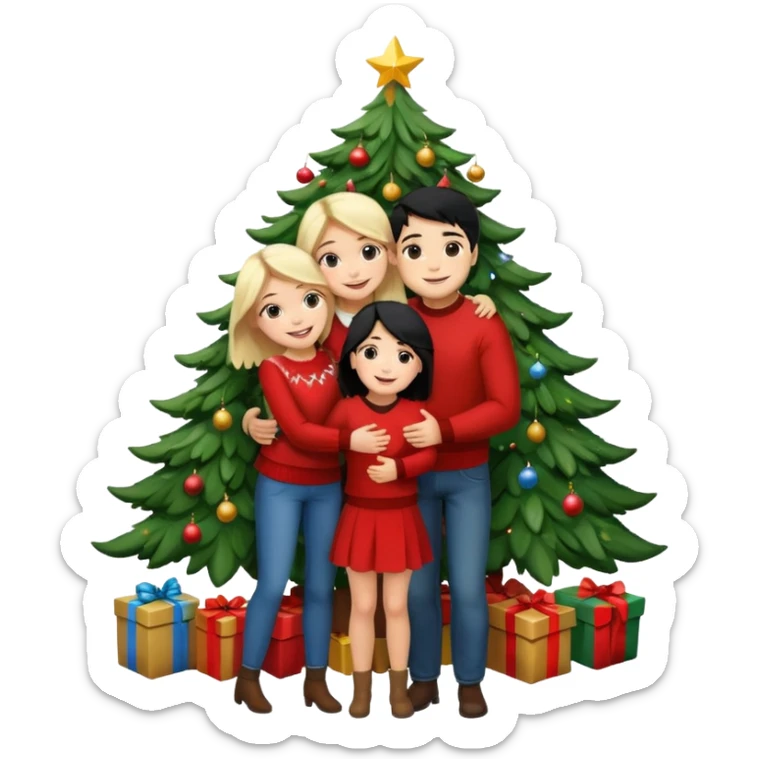 Generate Christmas-style emojis  family. Where light-skinned people stand near the tree all together, hugging and smiling. 2 girl should be Light-haired woman, 1 woman black-haired woman, and 1 man  sticker