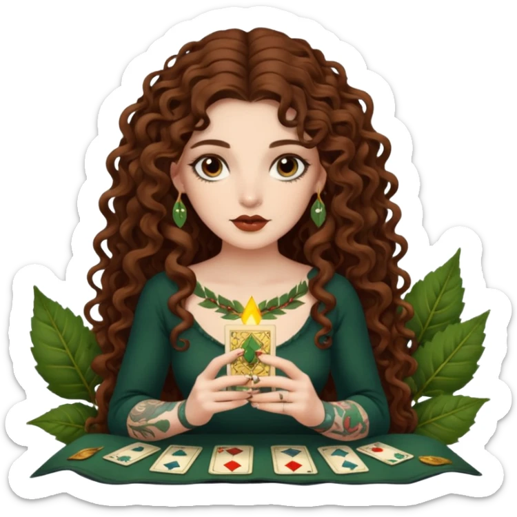 woman with long curly brown hair, brown eyes, white skin, tattoos, reading tarot cards made of leaves  sticker