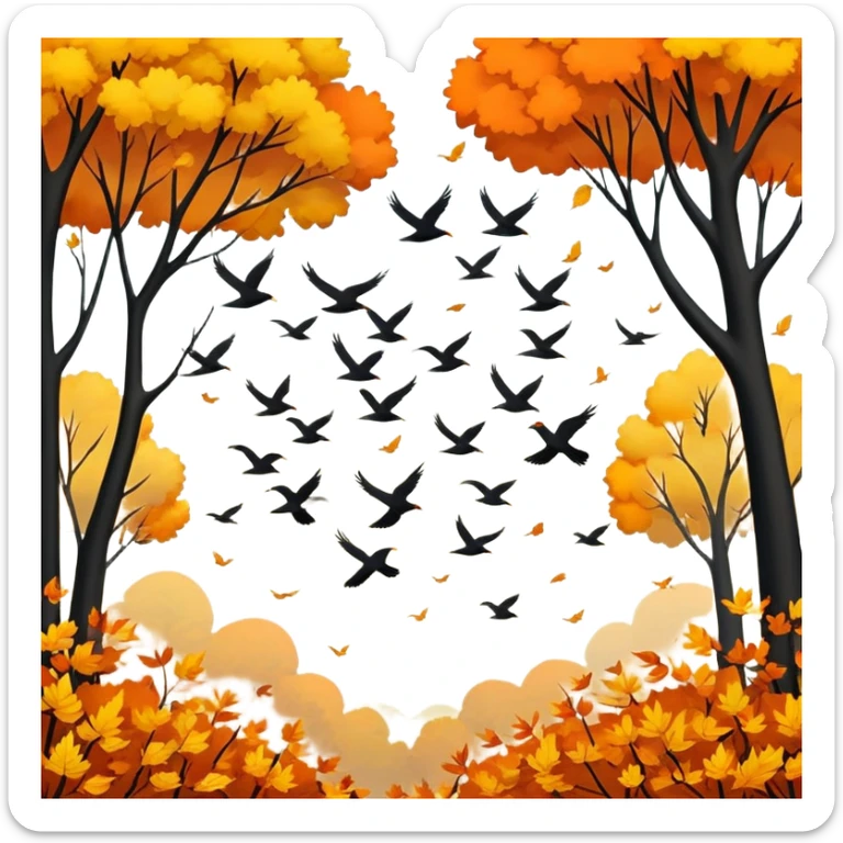 a flock of birds flying above trees with orange and yellow leaves, autumn scene sticker