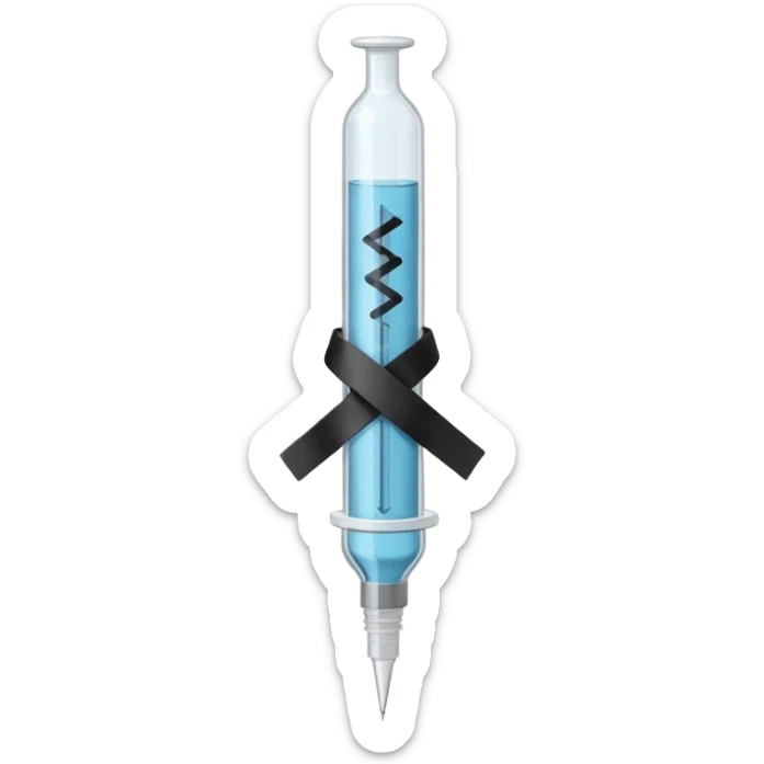 Minimalist emoji-style sticker of a medical syringe with a black tape X across it. Symbol of silence. Desaturated tones.
 sticker