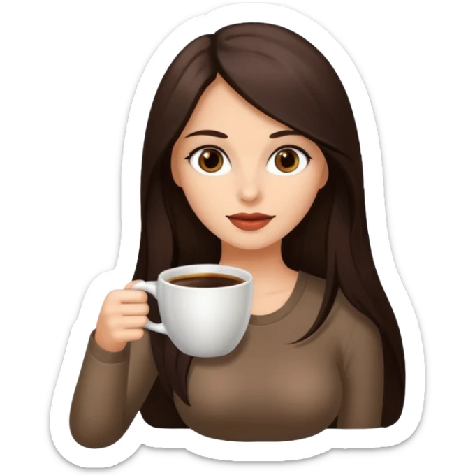 Straight Dark Brown long haired sexy woman with dark brown eyes with cup of coffee sticker