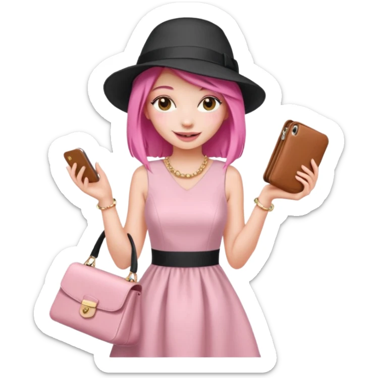 emoji of a young fashionable woman, straight pink hair, wearing a hat and a chic dress, playful smile sticker