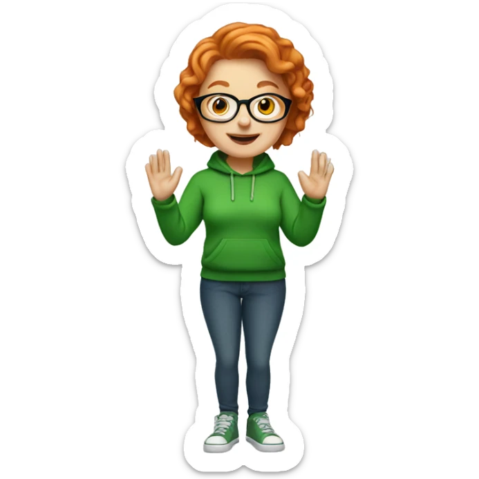 Short hair ginger lady with glasses, wearing a green hoodie, waving sticker