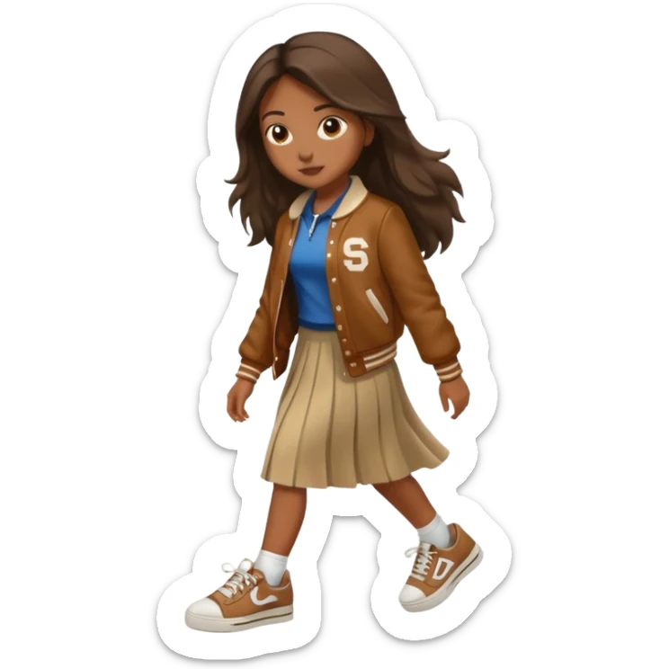 black color long hair girl with brown varsity jacket and long skirt walking  sticker