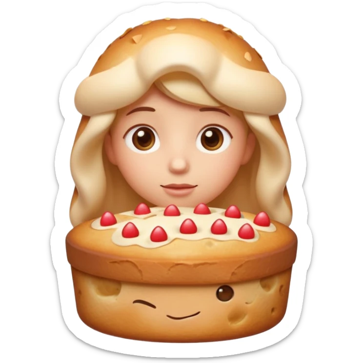 Apple-style emoji illustration of a cuteperson  with dreamy eyes thinking of a traditional panettone, small hearts floating around, soft 3D emoji style, smooth gradients, rounded shapes, warm festive colors, simple expression, centered composition, transparent background, no text. sticker