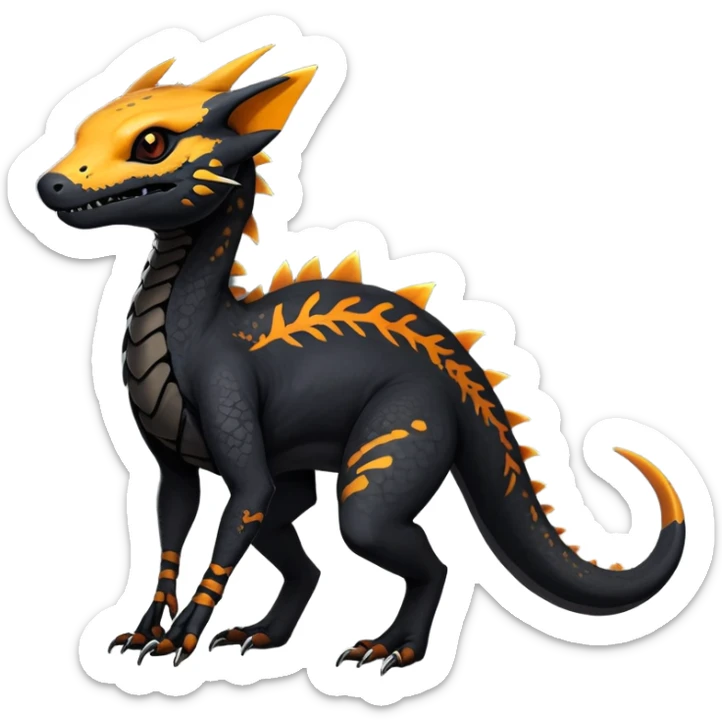 Rare realistic exotic edgy dark gothic gloomy spooky black and orange/yellow epic pretty beautiful handsome gorgeous aesthetic colorful vibrant Vernid-Trico-species-Fakemon-Salandit-hybrid-creature by LiLaiRa, 4 legs, 1 tail, random markings, (full body) sticker