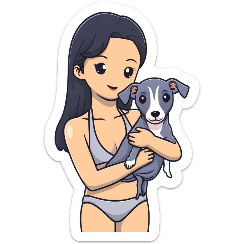 Slim Chinese woman with long black hair in pool attire at an indoor swimming pool with her Italian greyhound that is COMPLETELY and ENTIRELY solid dark grey, with ABSOLUTELY ZERO white markings anywhere on its entire body including face, nose, chest, paws - 100% uniform dark grey color only sticker