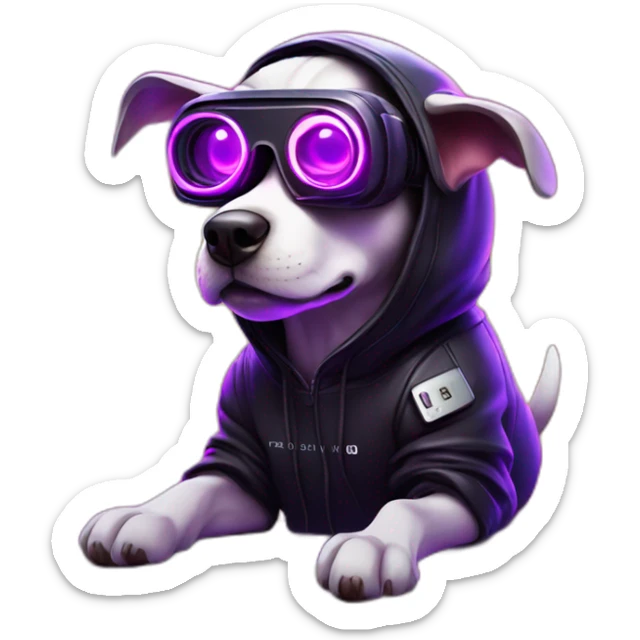 funny dog wearing a black hoodie with "OMG" letters on it and VR headset in a cyberpunk VR environment with violet neon lighting. sticker