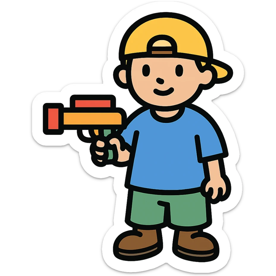little white kid in baggy clothes, holding a toy gun, outlined icon sticker