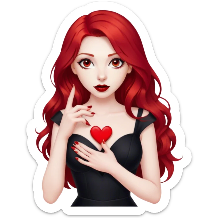 a pretty woman with long red hair and red eyes. The woman wear a black little cutted dress. She have red lipstick and she have a seductive look. She do a heart shape with her fingers sticker