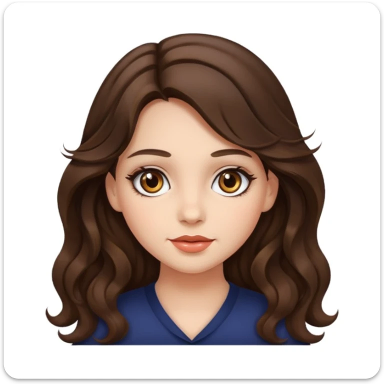 a girl with long wavy brunette hair, hazel eyes, cute make up sticker