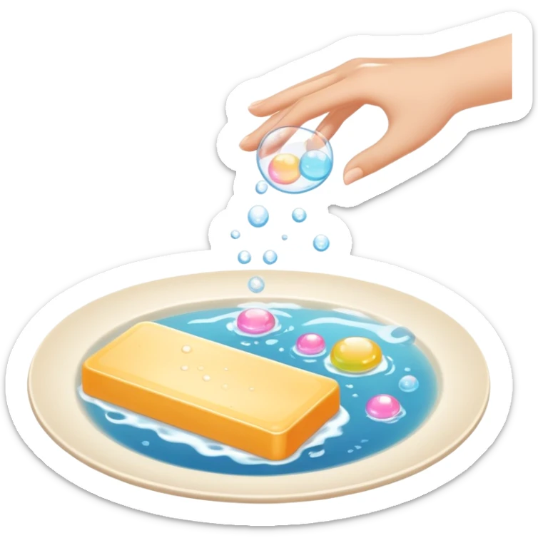 hands under running water with soap bubbles, plate of food nearby, clean and friendly sticker