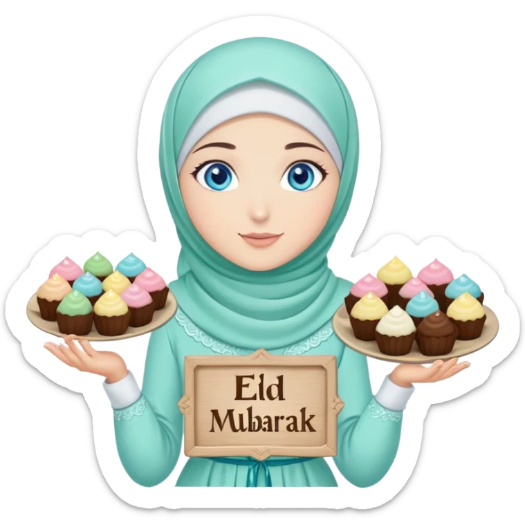 Turkish beautiful finish Konya girl blue eyes with mint hijab islamic dress and had on her hand text Eid Mubarak with sweets and celebrating with her friends eid days   sticker