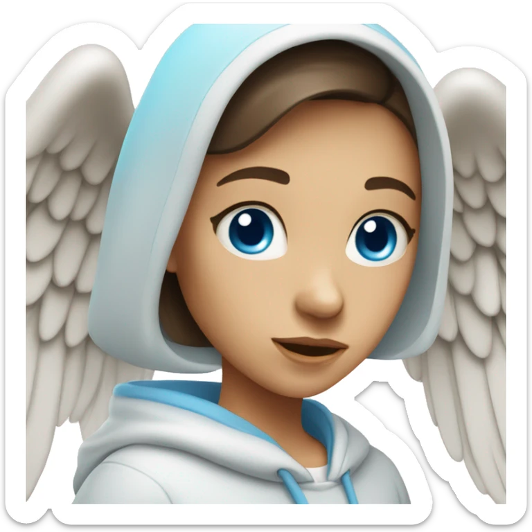 White brunette female Angel with blue eyes and dimples wearing a hoodie sticker
