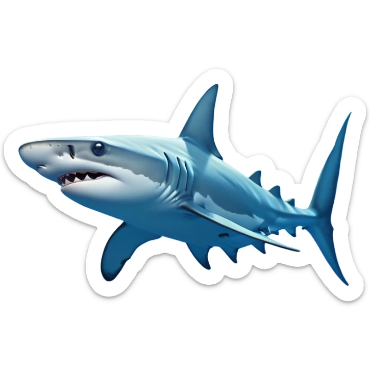 Cinematic Noble Hammerhead Shark Portrait Emoji, Poised and regal, with a broad, flattened hammer-shaped head, wide-set eyes, and a streamlined, powerful body gliding through deep blue waters, Simplified yet sharp and sophisticated features, highly detailed, glowing with a cool, oceanic luminescence, high shine, intelligent and commanding, stylized with an air of marine authority, focused and vigilant, soft glowing outline, capturing the essence of a watchful and confident predator that appears ready to glide out of the screen with effortless power! sticker