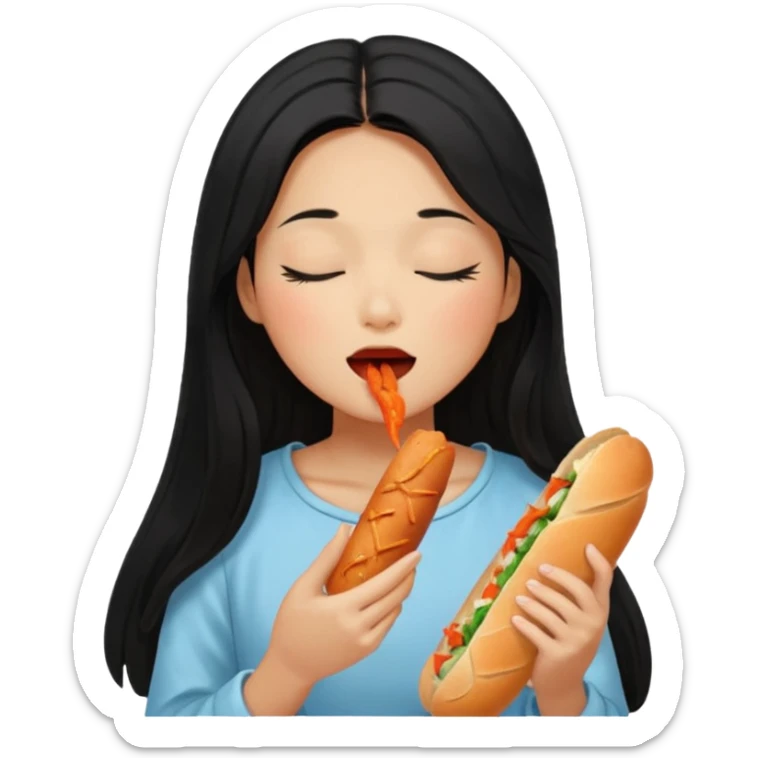 Girl black long hair eat kimchi close eyes baguette sticker