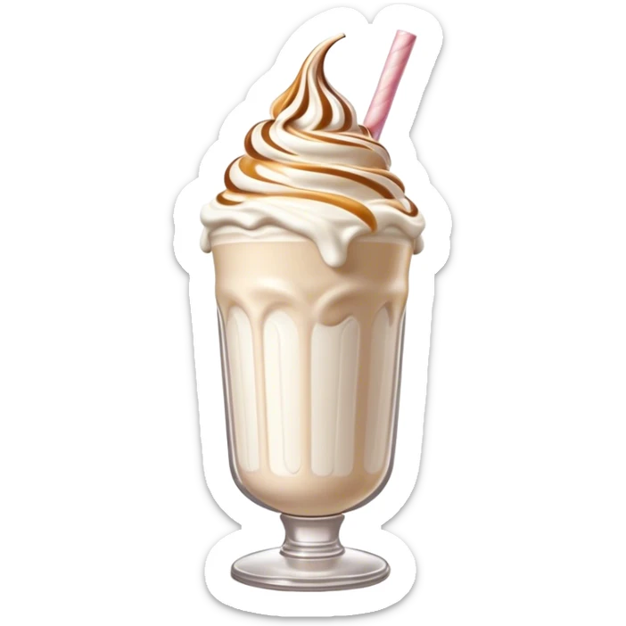 Cinematic Realistic Milkshake Drink Emoji, depicted as a thick, creamy milkshake with a swirl of whipped cream rendered with rich textures and inviting, nostalgic lighting. sticker