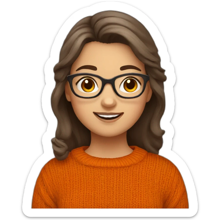 cute chubby girl with grey glasses brown hair waving wearing a dark orange sweater sticker