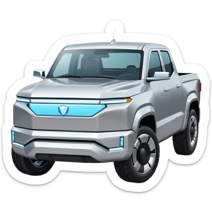A futuristic electric pickup truck emoji, silver chrome body, angular cyber design, smooth metallic panels, subtle reflections, minimalistic proportions, iOS emoji style, centered composition, clean white background, soft lighting sticker