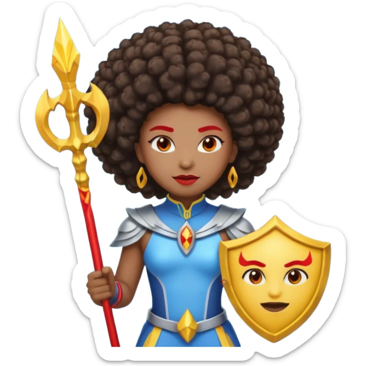 Emoji metisse femboy mais plus masculin avec drapeau ukrainien arriere plan, un afro, sourcils rouge, fourche trident, et eclairs et sur fond bleu clair irrisé. sticker