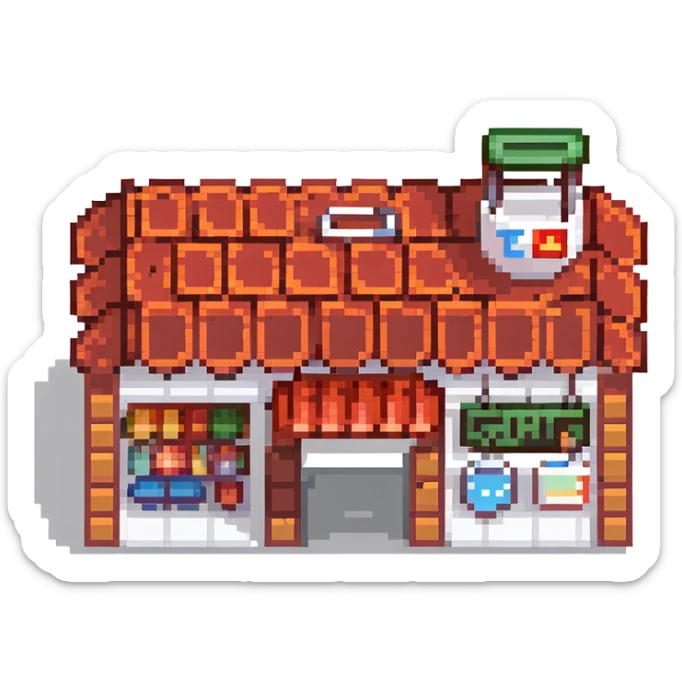 isometric supermarket building with red tiled roof, store entrance, and small parking area sticker