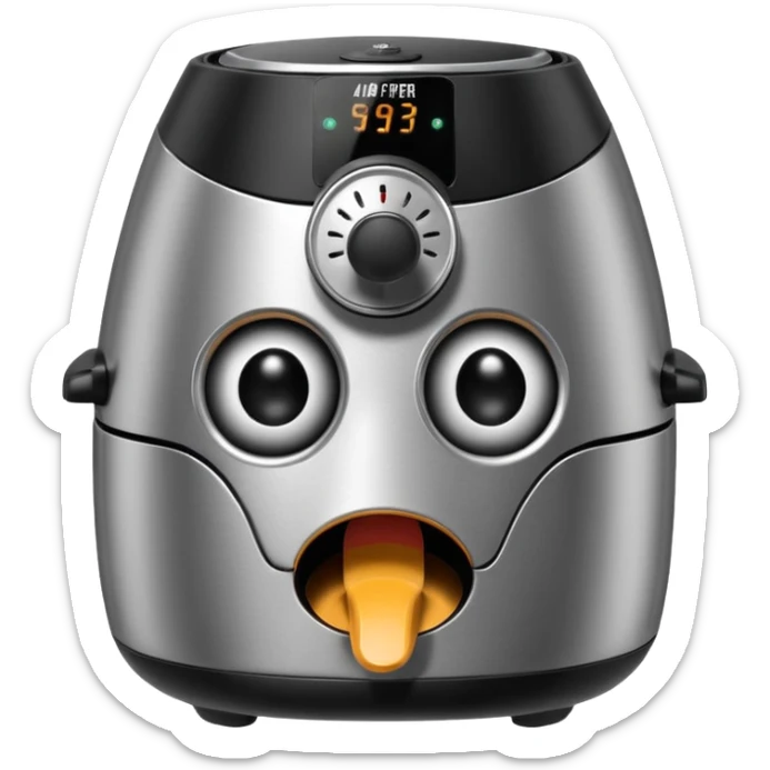 An air fryer with the knobs and handles made to look it's eyes, nose and mouth, hysterically crying with laughter sticker